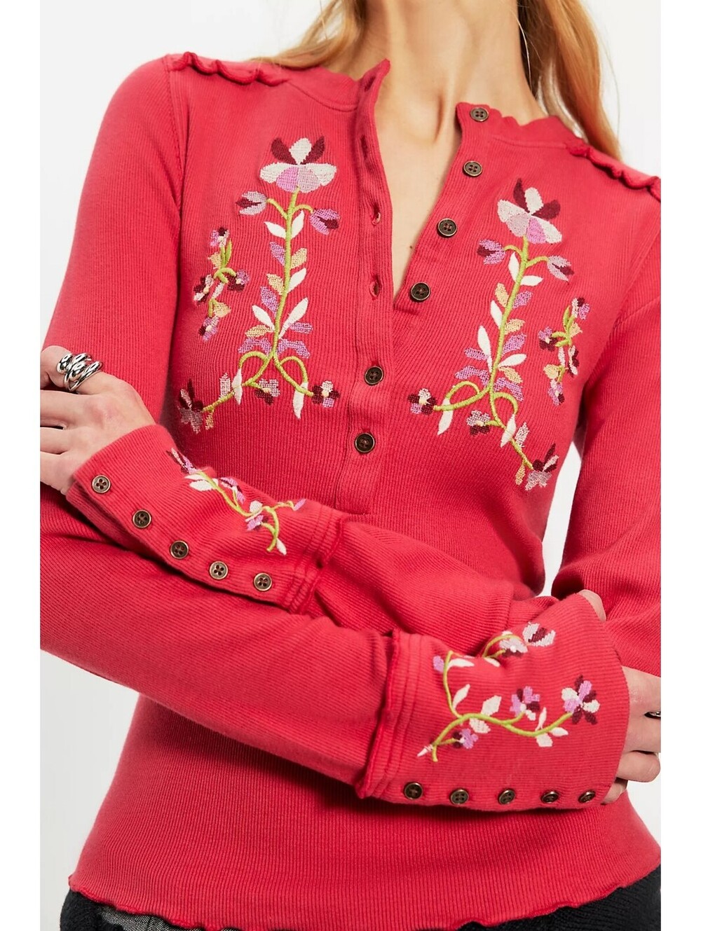 FREE PEOPLE Fleur Embroidered Henley Top